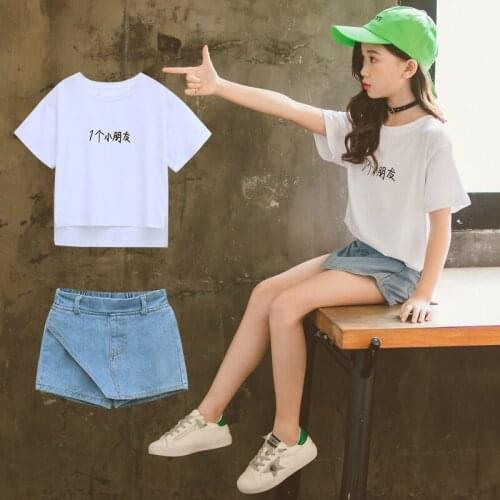 Girls Clothing Set 5 6 7 8 9 10 11 12 Years Toddler Girl Clothes Set Summer Short Sleeve T-shirts + Denim Shorts 2pcs Tracksuit