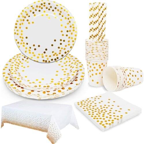 White Gold Party Supplies Tableware Golden Dot Disposable Dinnerware Dessert Plates Sets for Wedding Bridal Shower Holiday