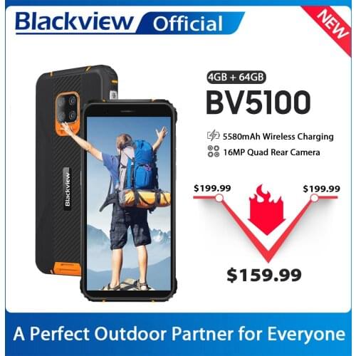 Blackview Global Version BV5100 4GB+64GB Mobile Phone IP68 Waterproof Rugged Phone 5580mAh 5.7" Android 10 NFC 16MP Smartphone