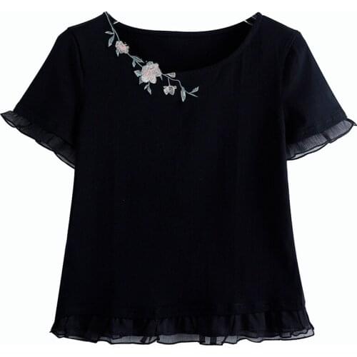 2021 Summer Women Fashion Chic Short Sleeve O Neck Floral Embroidery Lace Patchwork Casual T Shirt Stylish Slim Bottoming Top