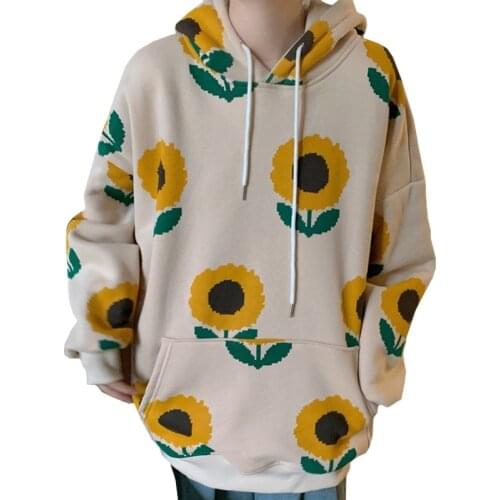 Khaki Autumn Winter Plus Velvet Harajuku Women Hoodies Korean Fashion Sweatshirt Print Retro Beautiful Sunflower Pullover Female