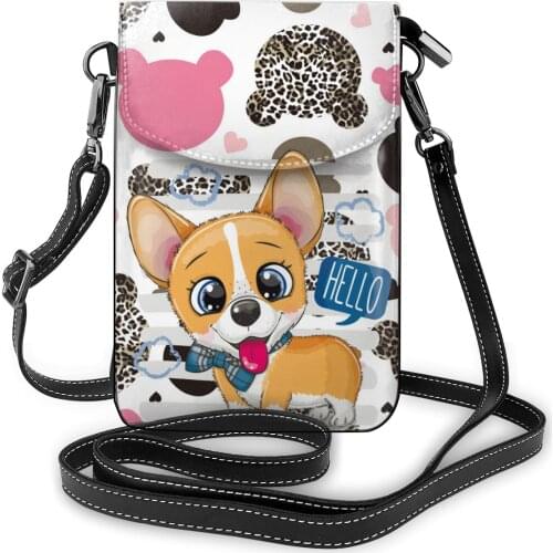 Cartoon Corgi Print Women Purses PU Leather Shoulder Strap Bag Mobile Phone Pockets Card Holders Wallet Handbag for Girls
