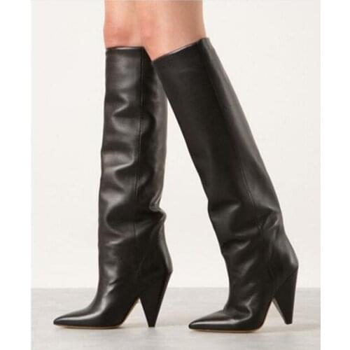 Runway brand leather knee high boots women slip on spike heel autumn winter shoes woman sexy pointed toe high heels rain boots