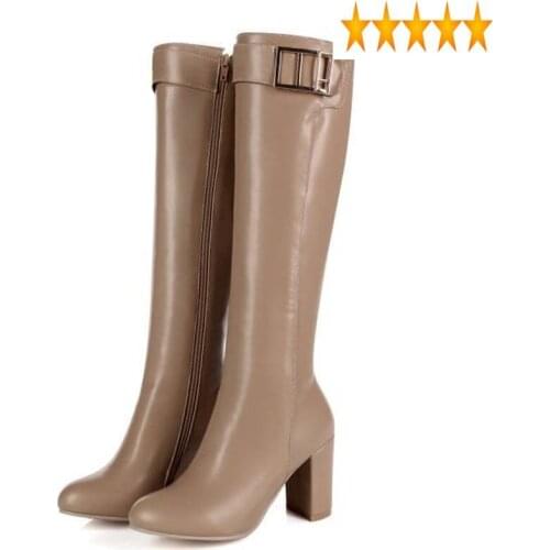 Leather PU 2021 Woman Winter Knee Shoes Block High Heel Knight Boots Zipper Metal Buckle Botas Mujer Apricot Black Brown
