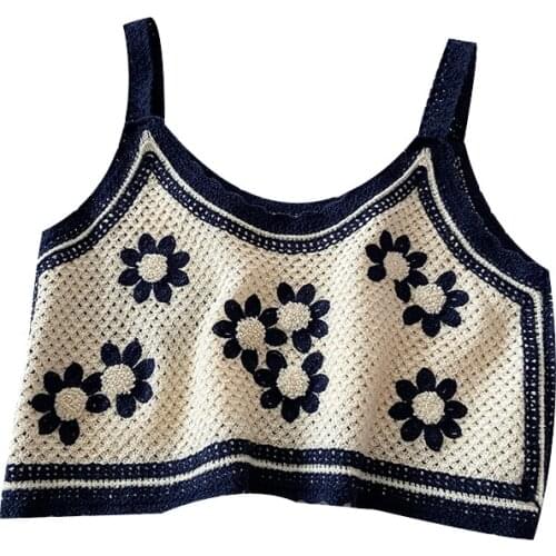 Womens Vintage Crochet Knitted Crop Top Vest Summer Design Sling Hollow Tank Top Elegant Flower Embroidered Tank Vest Female
