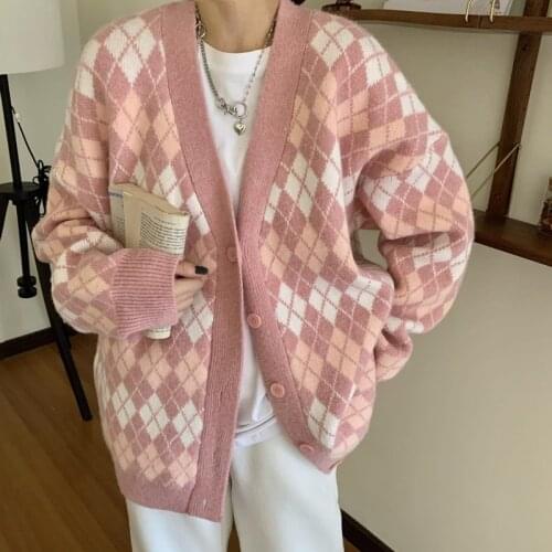 Ladies Cardigans Long Sleeve Knitted Argyle Sweater Women Korean Pink Vest Coats Female Jumpers Cardigan Jacket with Buttons