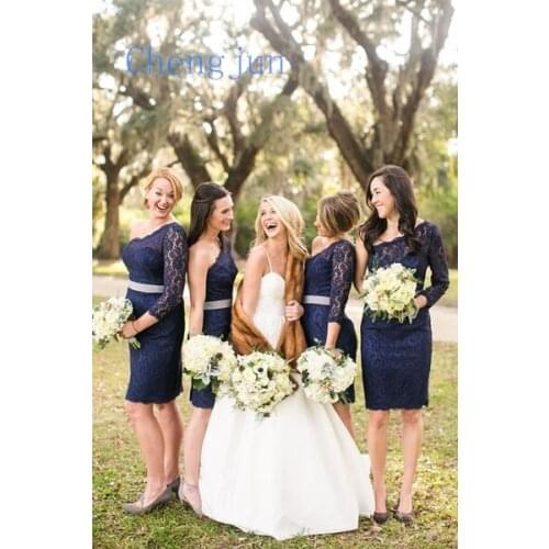 Chengjun 2019 Elegant One Shoulder Short Navy Blue Bridesmaid Dresses For Women