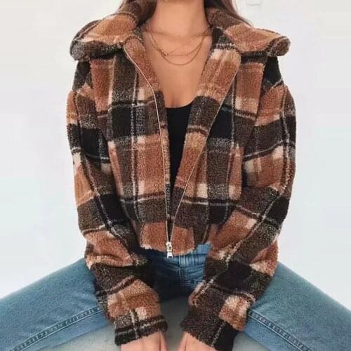 Faux Fur Coat Women 2021 Autumn Winter Casual Warm Soft Zipper Jacket Overcoat Plaid Turn Down Collar Teddy Female Clothing