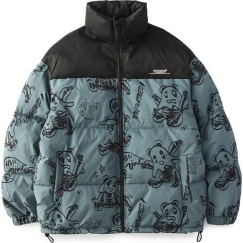 Womens fashion brand thickened stand collar cotton padded jacket with loose cartoon printing splicing warm coat and cotton