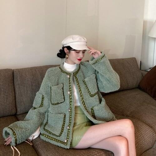 Little fragrance Loose woolen coat Women 2021 Autumn Winter Temperament plush woolen Coat Ladies retro Sweet fashion thick Coat