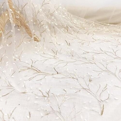 High Quality Gold Sequin Ivory Leaf Branch Embroidery Lace Fabric for Bridal Wedding Dress Veils diy sewing materials 51" width