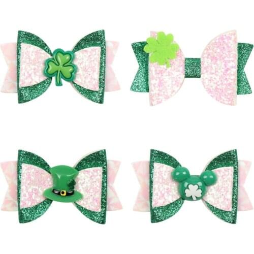 10pcs/lot Christmas Kids Hair Clip Glitter Hair Bows Hairpins Shamrock Clover Children Barrette Hair Accessories