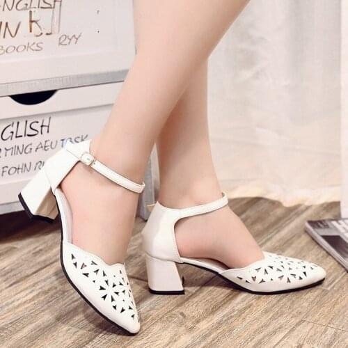 2021 fashion women square heel Sandals Round toe hollow out chunky gladiator with strap white summer shoes Plus size 41 shoes