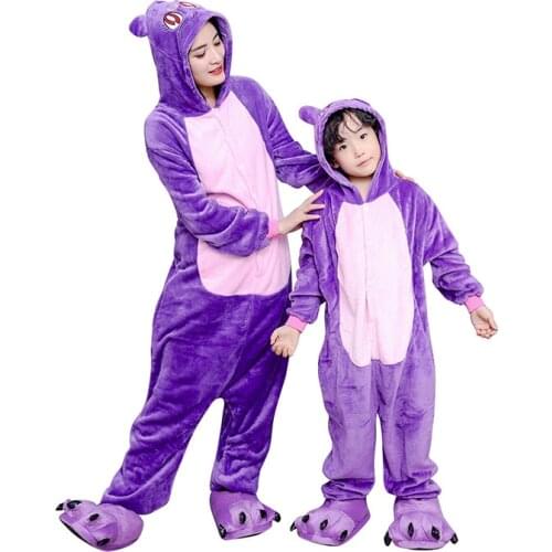 27kids Purple Cat Pajama Male Girl Onesie Animal Cosplay Thicken Party Jumpsuit Parent-child Outfit Mother Daughter Clothes