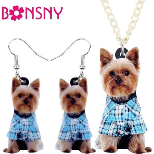 Bonsny Acrylic Sweet Yorkshire Terrier Dog Earrings Necklace Collar Cartoon Animal Jewelry Sets For Women Girls Teens Gift Pets
