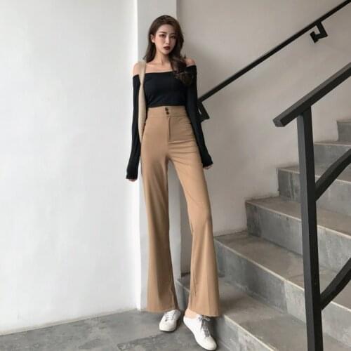 Mazefeng 2019 New Autumn Women Casual Solid Straight Pants Ladies Button Slim Pants Female Wide Leg Pant Vintage Korean Style
