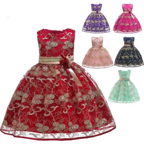 Girls Party Dresses Kids Lace Embroidery Birthday Wedding Dress with Flower Band Children Clothing Ball Gown