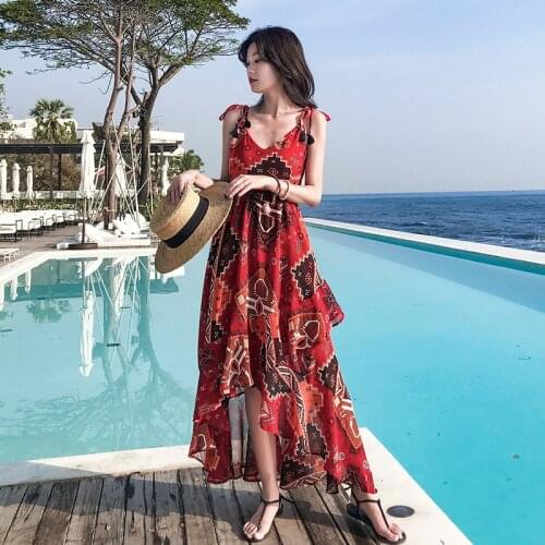 DUISNENA long red floral print dress beach dress super fairy chiffon dress strap women dresses robe vestidos