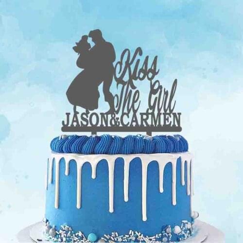 Kiss the Girl Custom Couple Name Princess Ariel and Prince Eric Silhouette Topper For Wedding Party Cake Decoration
