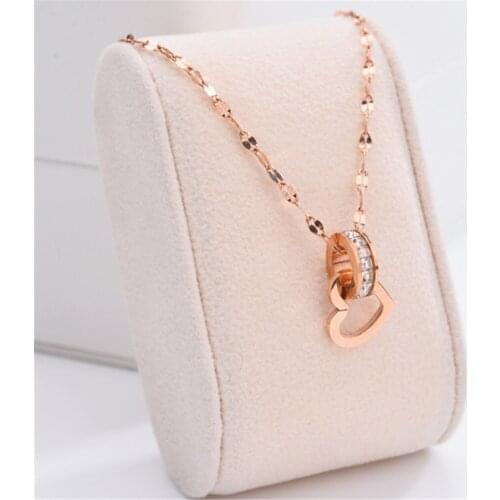 316L Stainless Steel Rose Gold Trend Double Ring Love Heart Inlaid Zircon Necklace Бижутерия Для Женщин