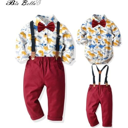 Kids Boy Gentleman Clothing Set Children Fashion Boys Clothing 100% Cotton Dinsour Party Birthday Clothing Set Kids Boy Clothes