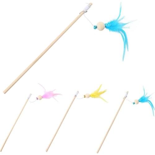 Cat Interactive Toy Fake Feather Kitten Teaser Wand Funny Beaded Cat Bell Stick Pet Training Toy Wooden Handle Cat Teaser Wand