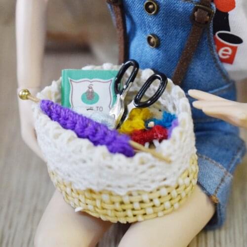 1/6 Dollhouse Miniature Wool Knit Tool Basket for Blyth, Barbies, Licca, BJD Doll Accessories