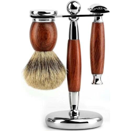 Mens Classic Shaving Kit Rosewood Shaving Brush + Safety Razor+ Stainless Steel Holder Cleaning Beard Hair Removal Grooming Set
