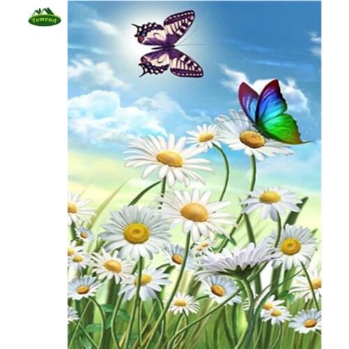 Diamond Painting Set Cross Stitch Handmade Needlework Butterfly and White Daisy Flower Diamond Embroidery Natural Landscape