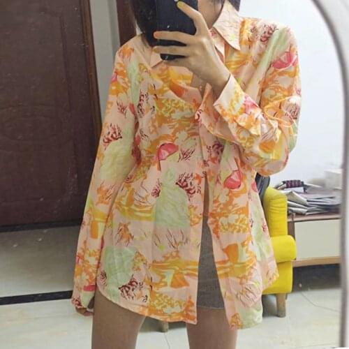 Autumn Women Turn-Down Collar Shirt Female Long Sleeve Loose Casual Print Tops Orange Khaki