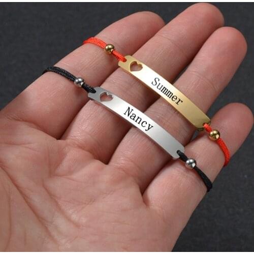 Personalize Custom Name Text Stainless Steel Adjustable Rope Bracelet Hollow Out Heart Couple Bangle For Women Girl Jewelry Gift