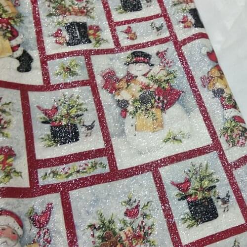 Viaphil 100% Cotton Fabric Brand New Silver Stamping Glitter Christmas Santa Claus Bird Printed Sewing Cloth Dress Clothing