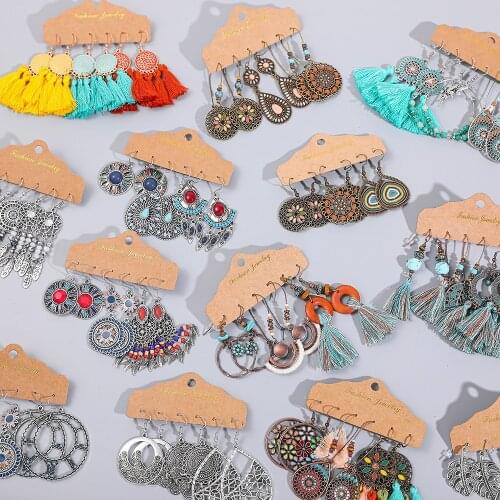 Vintage Boho Big Geometric Hollow Metal Drop Earrings Set for Women Ethnic Long Tassel Feather Earrings Bohemia Wedding Jewelry