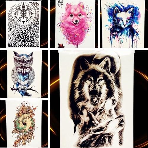 25 Style Waterproof Flash Tattoo Watercolor Body Art For Men Women Fake Wolf Owl Clock Cat Tatoo Paste Temporary Tattoo Stickers