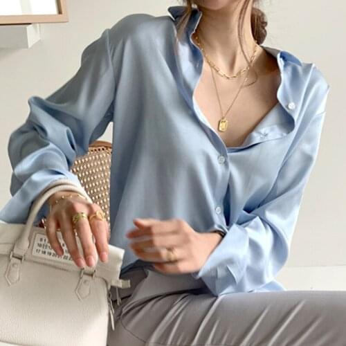 ZCSMLL Korean simple lapel single-breasted loose casual skin-friendly gloss satin long-sleeved shirt top women 2021 summer tide