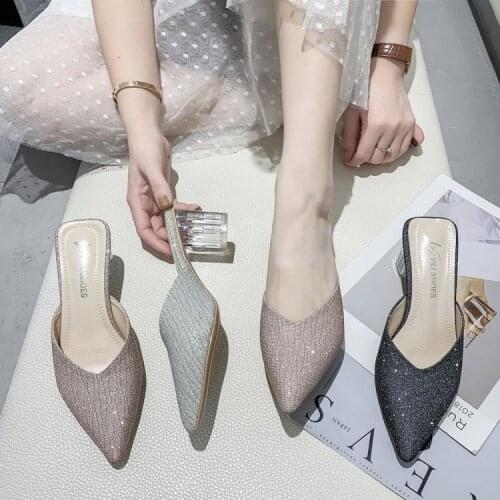 Koovan Womens Sandals 2021 New Female Outside Summer Edition Thick Heel Pointed Sequins Fashionable Crystal Womens Shoes