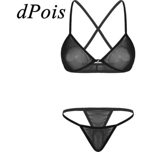 Womens Bikini Swimsuits Lingerie Set See Through Sheer Mesh Bra Top G-String Thong Briefs Underwear 2Pcs Sexy Bikinis Swimwear