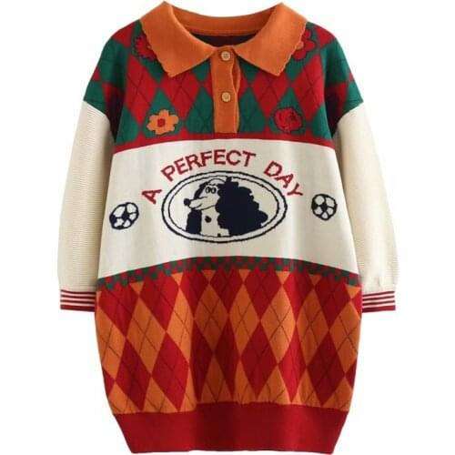 Cartoon Embroidery Women Knitted Sweaters Long Sleeve Turndown Collar Pullovers 2020 Winter Contrast Color Loose Jumper Sueter