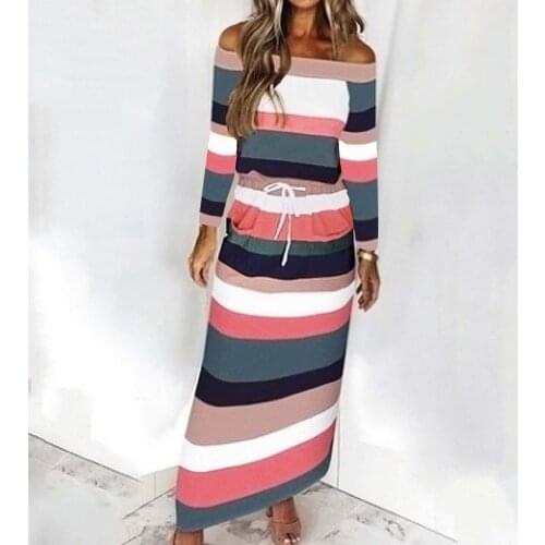 Summer Autumn Women Maxi Dresses Elegant Ladies Striped Printed Dress Casual Off Shoulder Long-Sleeved Drawstring Dresses