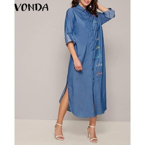 VONDA Autumn Dress Casual Solid Color Long Sleeve Lapel Collar Button Up Shirt Dresses Bohemian Vestido Plus Size Elegant Robe