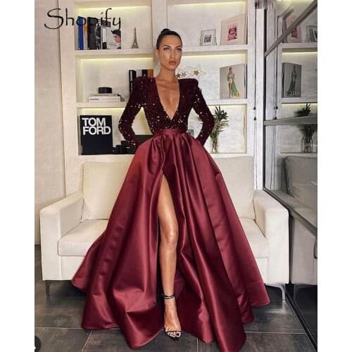 High Slit Dubai Women Long Sleeve Evening Dress 2021 Deep V-neck Burgundy Satin Sparkly Sequined Party Night Formal Gowns