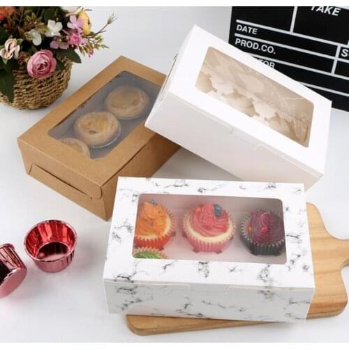10Pcs/Lot Cute Candy Box 2/4/6 Case Paper Cupcake Box Portable White Marble Window Muffin Box Mousse Pudding Bottle Packaging