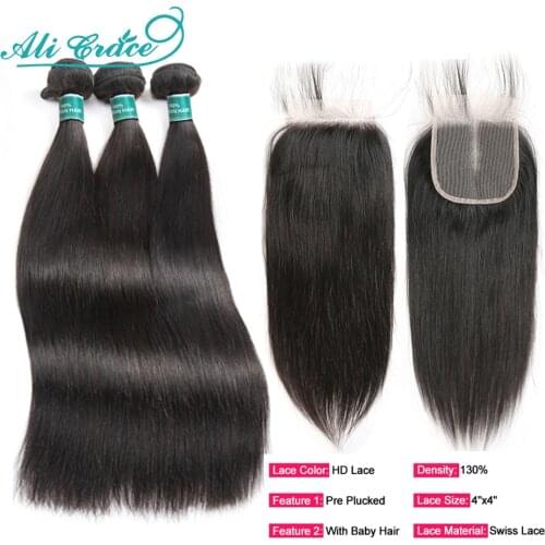 AliGrace Human Hair 3 Bundles with Closure Brazilian Straight Hair Bundles with HD Lace Closure 4x4 HD Lace Closure with Bundles