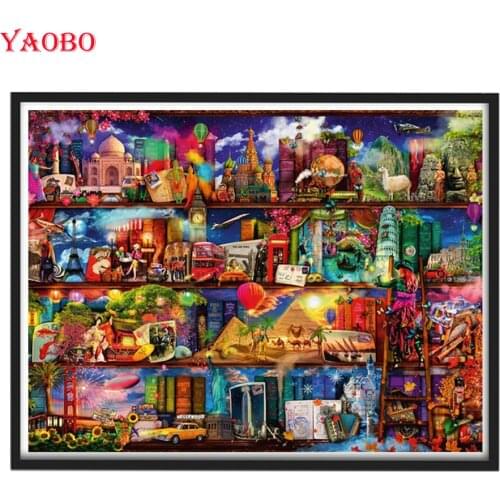 5D DIY Rhinestones Diamond Painting Full Round Square Drill World City On Book Shelf Cross-stitch Kits Diamond Embroidery Mosaic