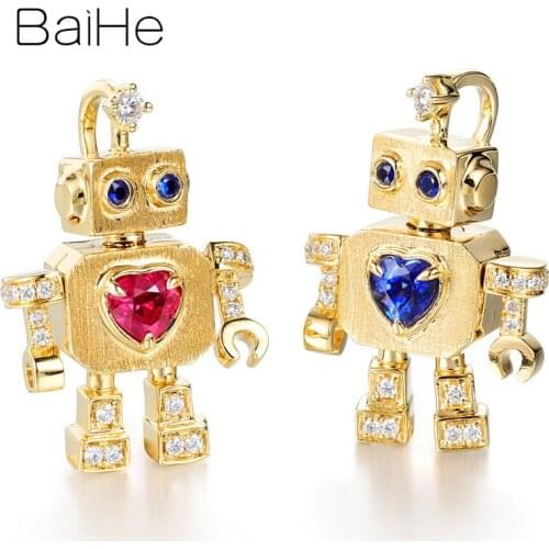 BAIHE Solid 18K Yellow Gold Flawless 0.20ct Heart Natural Ruby/sapphire Wedding Women Trendy Fine Jewelry robot Pendant