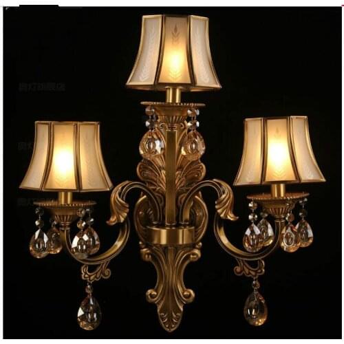Free Shipping European Luxury Bronze E14 Copper 3L Decor Crystal Wall Lamp for Bedroom aisle Living room Corridor Garden Lamp