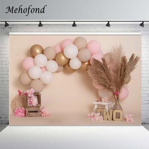 Mehofond Bohemian Cake Smash Photography Backdrops Girl 2nd Birthday Balloons Pink Flower Vase Reed Background Photo Studio Prop