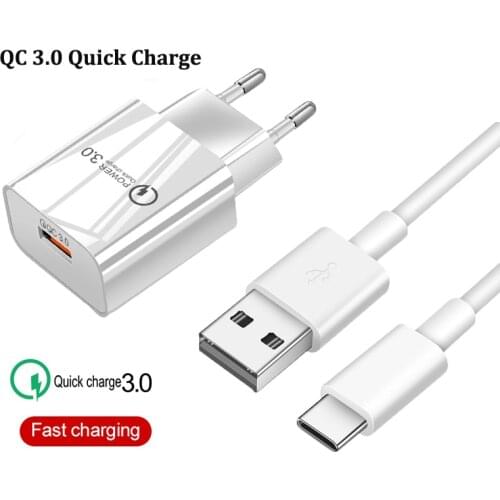 QC 3.0 Fast EU Plug Mobile Phone Charger For Xiaomi Mi 11 10 T Lite Poco X3 NFC M3 F2 Pro OPPO A52 A72 F17 Pro USB Type-c Cable