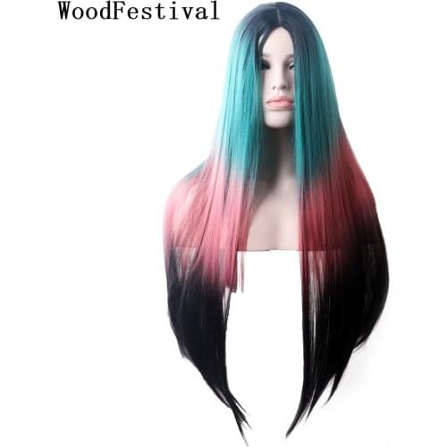 WoodFestival Synthetic Hair Straight Wig Female Long Cosplay Wigs For Women Black Pink Brown Green Ombre Blue Party Rainbow