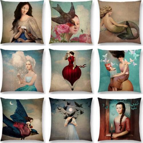 Hot Sale Elegant Lady Beautiful Girl Oil Painting Magical Moon Music Fairy Tale Flowers Bird Fantasy Cushion Sofa Throw Pillow